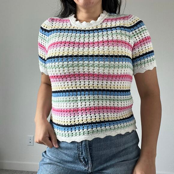 Gap Crochet Crewneck Scalloped Hem Sweater Knit Colorful - Picture 1 of 8